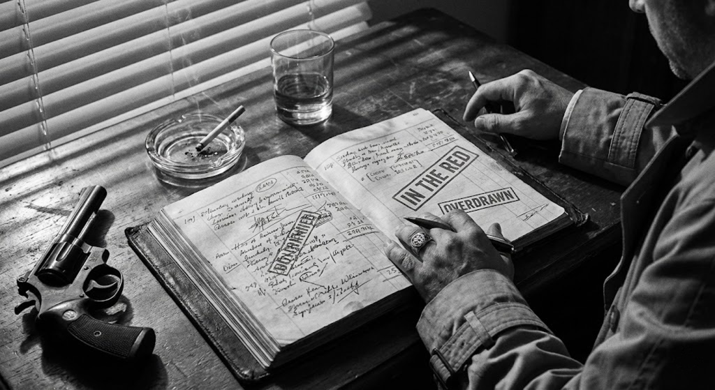 A cinematic noir black and white photograph of a vintage detective's desk featuring an open ledger book stamped with the words 'IN THE RED' and 'OVERDRAWN'. The scene includes a glass of whiskey, a revolver, and a smoking cigarette, symbolizing the high stakes of mental burnout and depression.