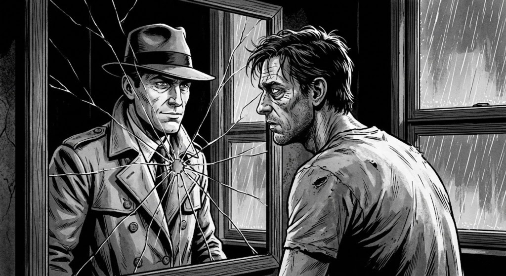 Noir illustration of a tired man looking into a cracked mirror, but his reflection shows a strong figure in a fedora and trench coat, representing the transformation from trauma to the Coping Capo persona.