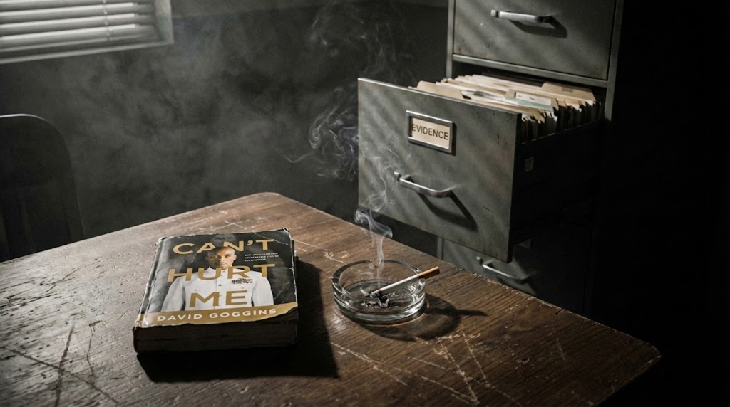 Gritty noir-style interrogation room scene featuring a beat-up copy of David Goggins' book "Can't Hurt Me" on a wooden table next to a smoking cigarette. In the background, a metal file cabinet drawer labeled "EVIDENCE" is pulled open in harsh lighting.