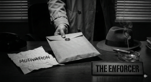 Noir illustration of a stern enforcer figure issuing commands, representing the concept that discipline and duty outweigh fleeting motivation in men's mental health strategies.