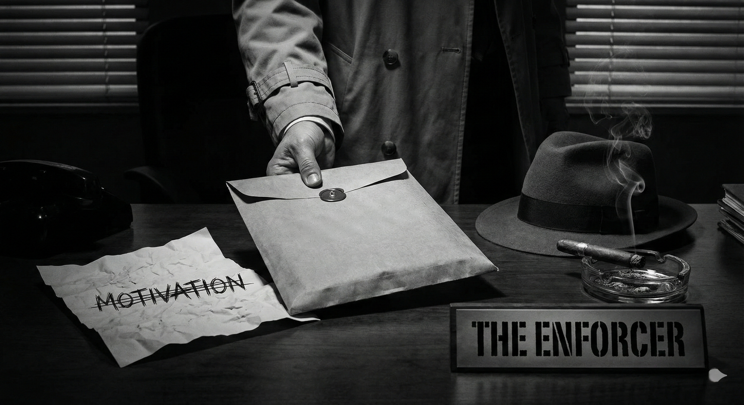 Noir illustration of a stern enforcer figure issuing commands, representing the concept that discipline and duty outweigh fleeting motivation in men's mental health strategies.