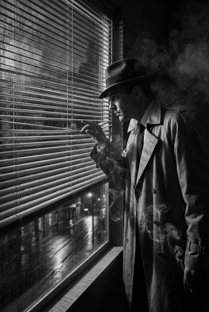 Noir illustration of a man stepping back into the cool shadows to avoid a confrontation, representing evasion tactics and anger management strategies for men to de-escalate stress.