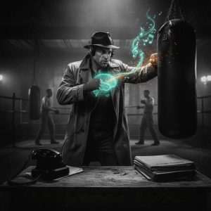 Noir illustration of a stoic man standing firm amidst rising smoke and shadows, representing tactical coping skills for men to handle stress and stay clean when the heat is on.