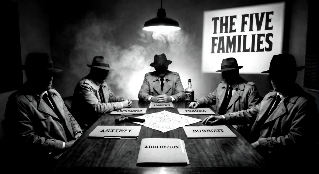 Noir illustration of five shadowed men in fedoras at a table, mimicking a mob meeting. Folders in front of them are labeled Anxiety, Depression, Addiction, Trauma, and Burnout, representing major mental health threats for men. A projection behind them reads 'THE FIVE FAMILIES