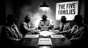 Noir illustration of five shadowed men in fedoras at a table, mimicking a mob meeting. Folders in front of them are labeled Anxiety, Depression, Addiction, Trauma, and Burnout, representing major mental health threats for men. A projection behind them reads 'THE FIVE FAMILIES