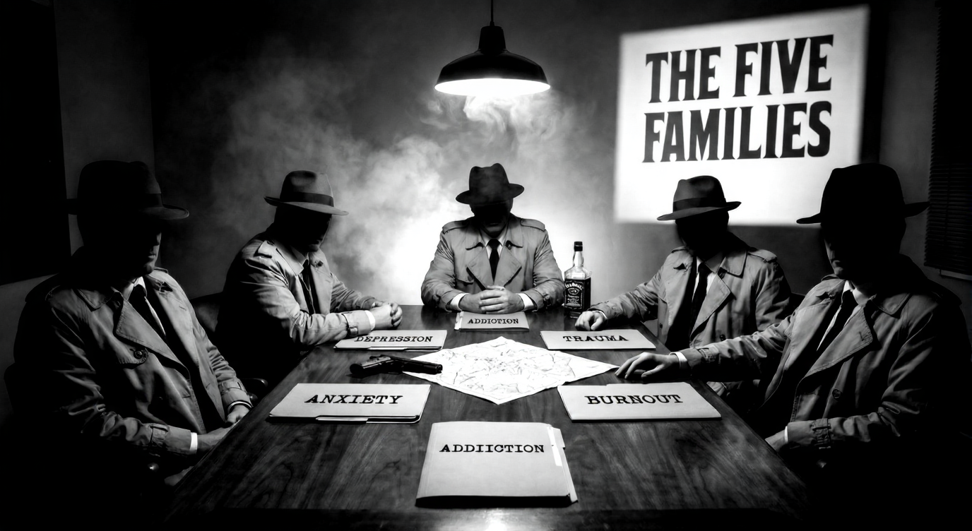 Noir illustration of five shadowed men in fedoras at a table, mimicking a mob meeting. Folders in front of them are labeled Anxiety, Depression, Addiction, Trauma, and Burnout, representing major mental health threats for men. A projection behind them reads 'THE FIVE FAMILIES