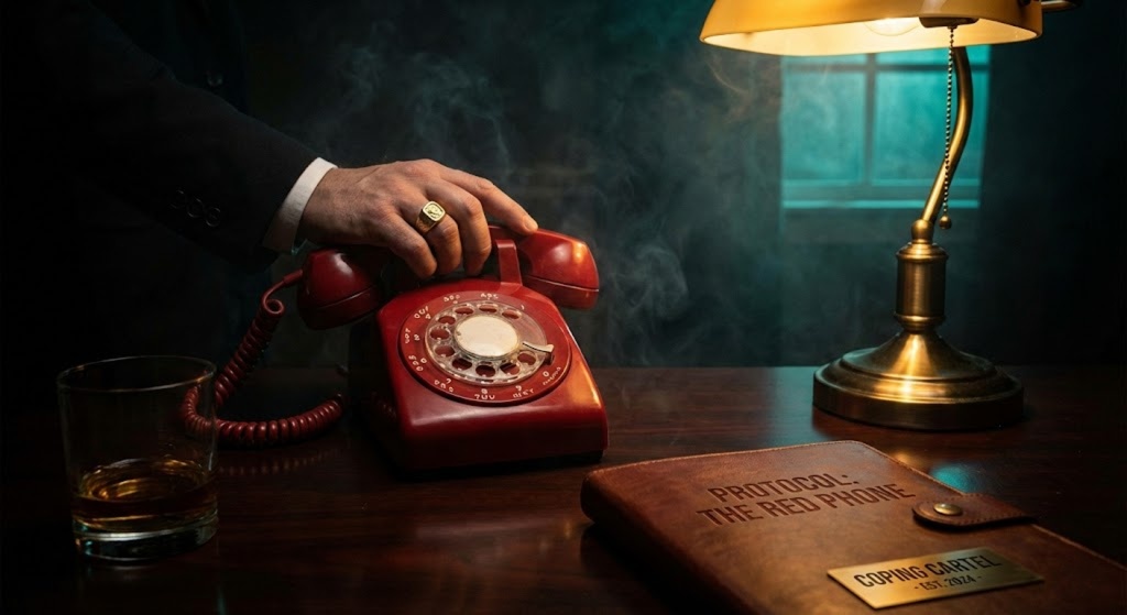 A gritty, noir-style photograph of a hand with a large gold ring reaching for a vintage red emergency telephone. The scene is dimly lit with smoke in the air, a brass desk lamp, a glass of whiskey, and a leather notebook embossed with "Coping Cartel Protocol: The Red Phone.