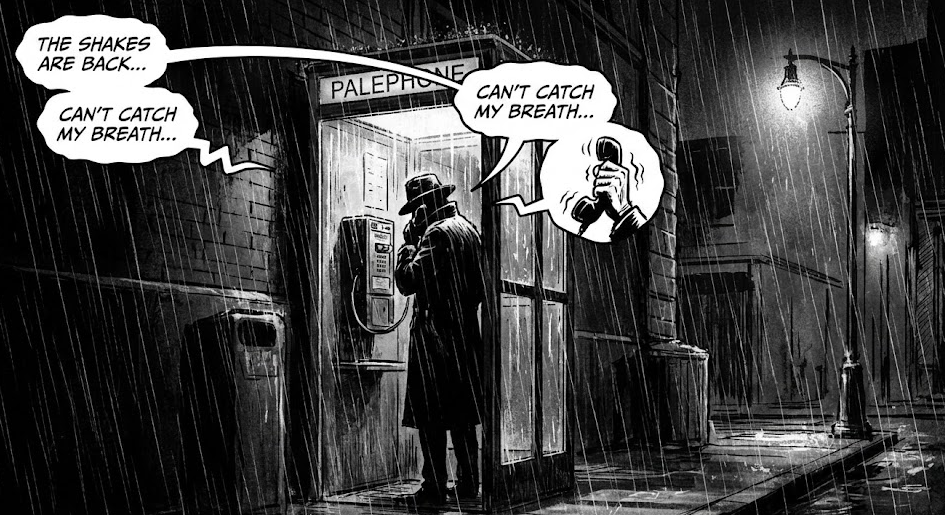 Noir illustration of a silhouette figure in a trench coat whispering into a payphone on a rainy night, representing somatic anxiety symptoms betraying the body.
