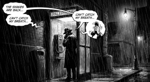 Noir illustration of a silhouette figure in a trench coat whispering into a payphone on a rainy night, representing somatic anxiety symptoms betraying the body.